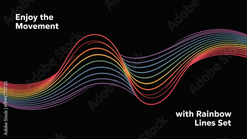 An abstract design features colorful undulating rainbow lines against a dark background accompanied by text promoting movement high quality professional detailed modern elegant stylish clean crisp