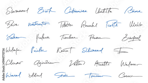 Numerous examples of handwritten script signatures in black and blue ink are arranged in an organized grid layout on a bright white background for authentication purposes.