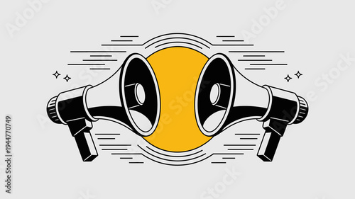 Two vintage style megaphones face each other projecting sound waves toward a central circular yellow background high quality professional detailed modern elegant stylish clean crisp vibrant