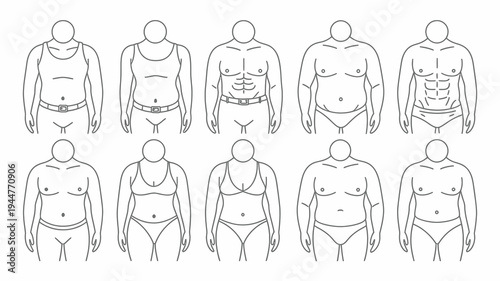 A line art illustration depicts diverse human body types showcasing variations in weight muscle definition and body shape in both genders high quality professional detailed modern