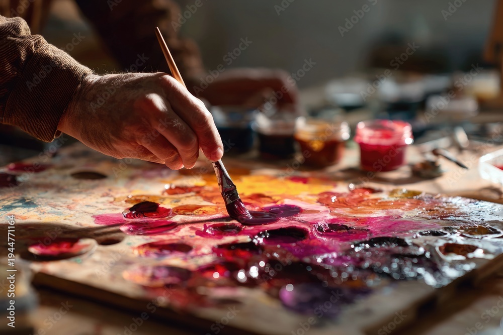 Obraz premium Close-up of mature male caucasian artist painting with vibrant colors in studio