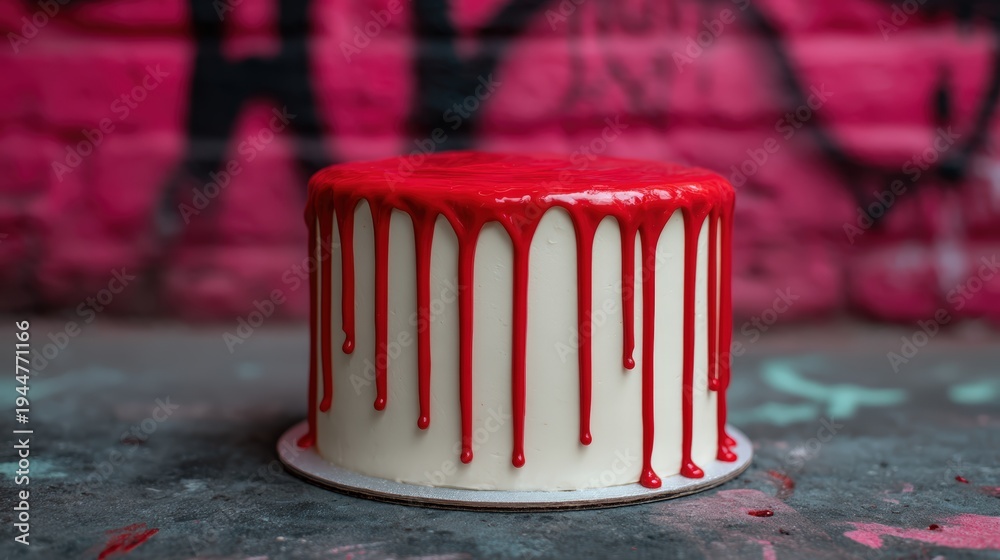 Obraz premium A white frosted cake with vivid red icing dripping down the sides, set against a blurred urban graffiti wall background.