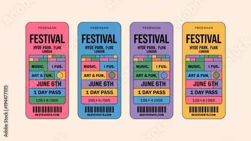 Four colorful festival tickets are displayed each reading festival and detailing event information for hyde park london high quality professional detailed modern elegant stylish clean crisp