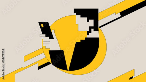 An abstract geometric composition features a large yellow circle intersected by black and white angular shapes creating a dynamic visual high quality professional detailed modern elegant