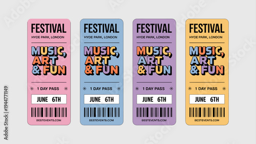 Four brightly colored festival tickets are displayed each announcing music art fun at hyde park london on june 6th high quality professional detailed modern elegant stylish