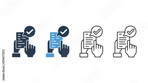 A series of four icons depict a hand pointing at a document with a checkmark shown in different color variations high quality professional detailed modern elegant