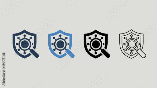 Four variations of a shield icon with a magnifying glass shown in different color schemes and styles high quality professional detailed modern elegant stylish clean crisp