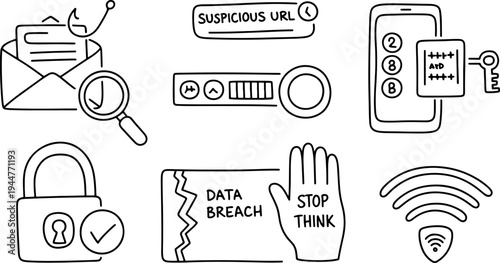 Collection of black and white line icons depicting cybersecurity threats like phishing, suspicious URLs, data breaches, and security measures such as locks and two-factor authentication.