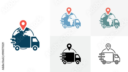 A set of delivery service icons depicts a truck with a location pin shown in color black and white variations high quality professional detailed modern elegant