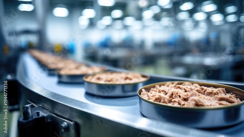 Automated tuna canning process on factory conveyor line in industrial setting
