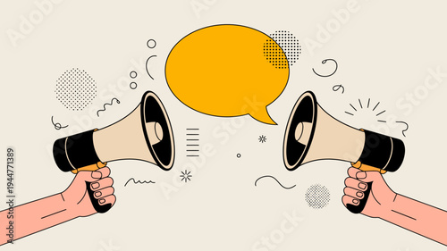 An illustration depicts two hands holding black megaphones facing each other with a yellow speech bubble between them high quality professional detailed modern elegant stylish clean