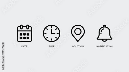 A minimalist graphic displays four line icons representing a calendar clock location marker and notification bell high quality professional detailed modern elegant stylish clean crisp vibrant