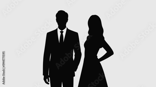 A stark silhouette depicts a formally dressed man and woman standing closely together suggesting a partnership or formal occasion high quality professional detailed modern elegant stylish