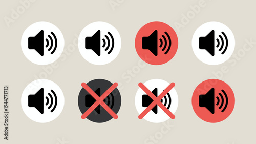 A collection of circular icons depicting sound levels including speakers with varying volumes and muted symbols high quality professional detailed modern elegant stylish clean crisp vibrant