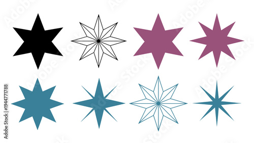 A collection of eight differently colored and styled star shapes are displayed against a clean white background high quality professional detailed modern elegant stylish crisp vibrant