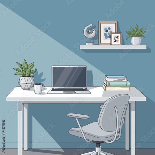 Modern home office desk with laptop, chair, plants and decor, natural light