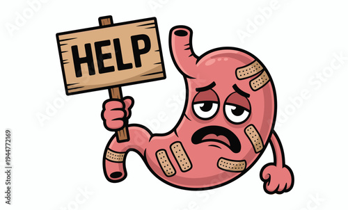 Vector illustration of a sick stomach with a help sign