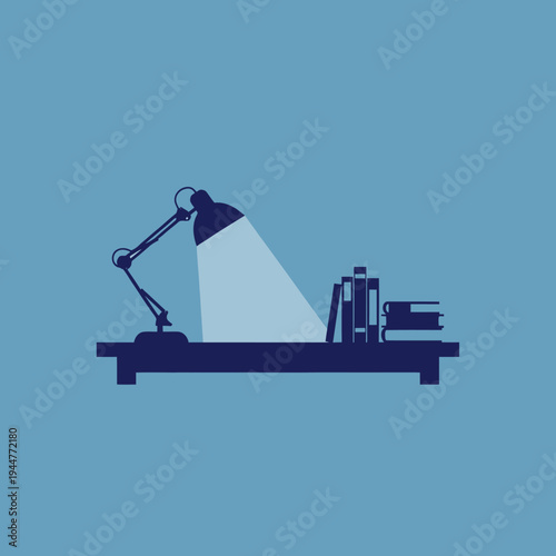 Desk lamp illuminating books on a shelf, study and knowledge concept