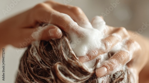 Close-up of hair wash with lather and foamy shampoo on female adult's scalp