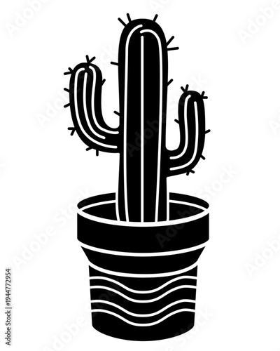 A cactus in a pot, a desert thorny plant - a vector silhouette image suitable for a logo, icon, or stencil. A potted cactus, a houseplant.