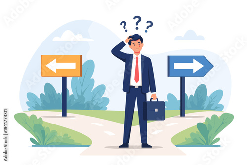 Confused businessman in a suit standing at a crossroads with directional signs, making a difficult career choice or business decision, uncertainty and opportunity, flat vector illustration.