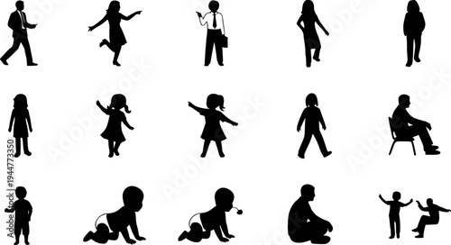 Black human silhouettes featuring people of various ages, genders, and businessmen, adults, children, and babies in different dynamic poses such as standing, walking, sitting, pointing,
