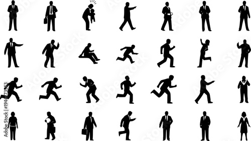 Black human silhouettes featuring people of various ages, genders, and businessmen, adults, children, and babies in different dynamic poses such as standing, walking, sitting, pointing,
