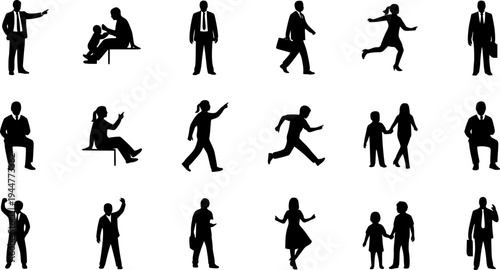 Black human silhouettes featuring people of various ages, genders, and businessmen, adults, children, and babies in different dynamic poses such as standing, walking, sitting, pointing,
