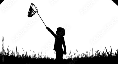 A silhouette of a child standing in a grassy field, holding a butterfly net raised high above their head, as if ready to catch something
