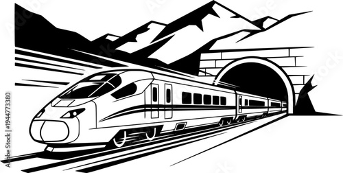 High-Speed Train and Mountain Tunnel Vector, Black and White Modern Rail Travel
