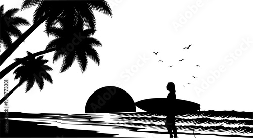 Surfer on Tropical Beach Silhouette Vector, Black and White Surfing Vacation Art
