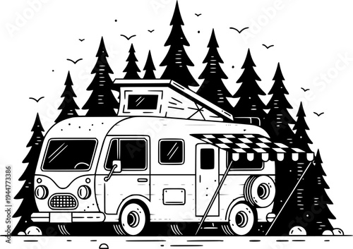 Vintage Camper Van in Pine Forest Black and White Flat Vector, Retro Travel Illustration
