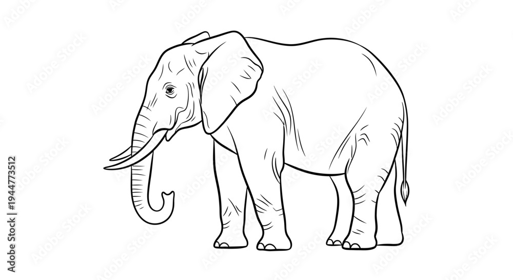 Fototapeta premium A detailed black and white line drawing of an African elephant standing on a plain surface.