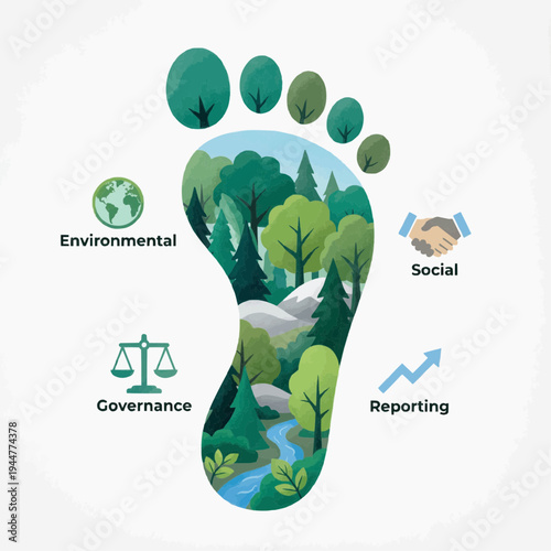 ESG footprint illustration of environmental, social, governance, and reporting principles within a forest landscape