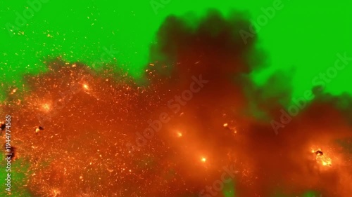 Explosive fire with sparks in green screen background for visual effects