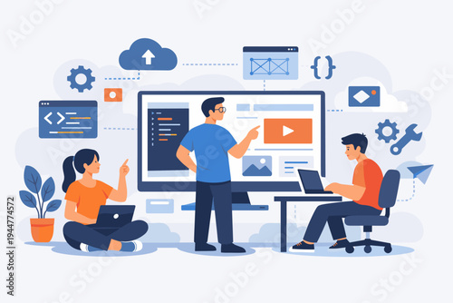 Professional IT team working on web development and software engineering, flat vector illustration of programmers using laptops and a large monitor for coding, cloud computing, and UI UX design.
