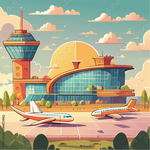Airport Exterior Illustration – Modern Terminal and Air Transport Scene