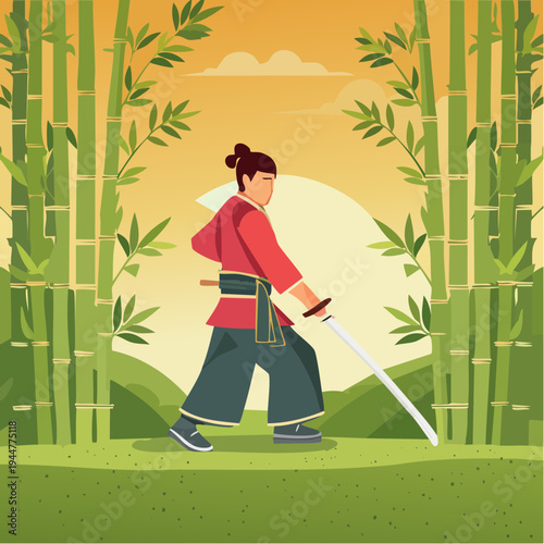 Samurai Warrior Illustration – Bamboo Cutting Martial Arts Scene