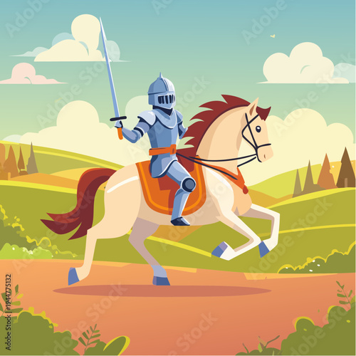 Cartoon Knight on Horse – Armored Warrior with Sword Illustration