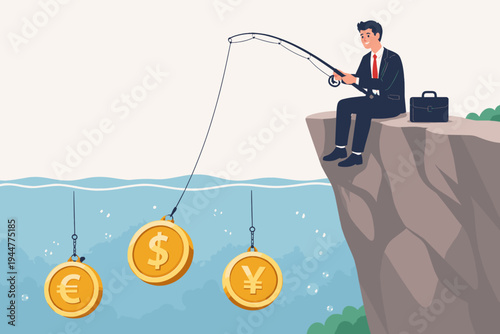 Businessman in a suit sitting on a cliff edge fishing for gold currency coins like dollar euro and yen in the ocean water, concept of financial investment, profit, wealth, and global markets.