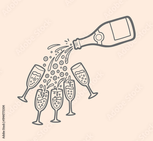 Hand drawn vector illustration of a champagne bottle pouring sparkling wine into multiple glasses for a celebration