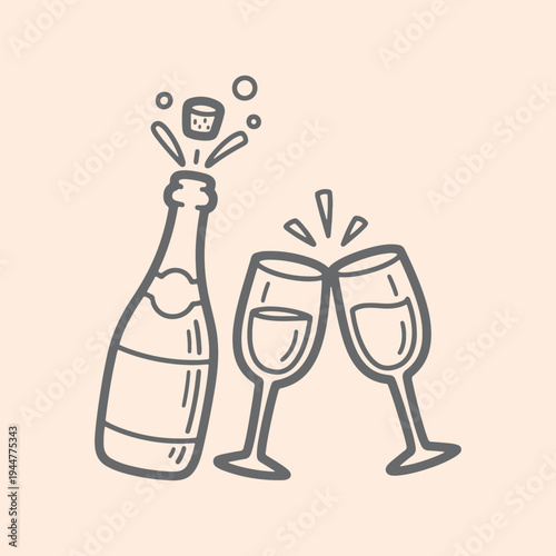 Minimalist line art of a champagne bottle popping its cork next to two clinking glasses for a festive toast