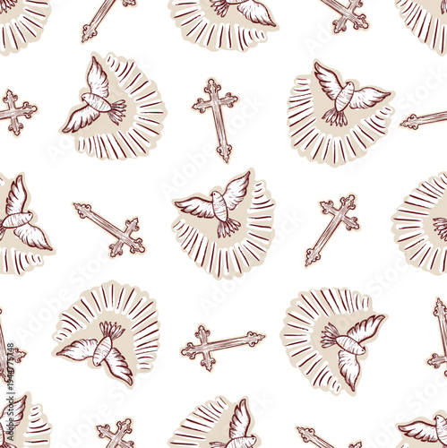 Christias holy spirit dove seamless vector pattern. Religious repeat wallpaper scripture illustration for spirit of god background. 