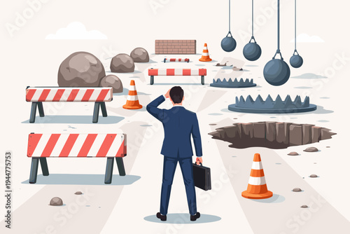 Vector illustration of a businessman facing numerous obstacles such as wrecking balls, bear traps, deep pits, and road barriers, symbolizing career challenges, risk, and strategic planning.
