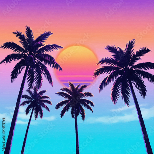 Vibrant retro sunset with silhouetted palm trees, a captivating vector illustration evoking tropical dreamscapes and nostalgic vaporwave aesthetics, perfect for a unique design project