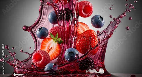 Dynamic Fruit Splash Action, Berries and Strawberries, Studio Setting, Food Photography, Vibrant Environment, Close-Up View, Sensory Experience