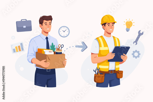 Career Change Concept Illustration of a Man Transitioning from an Office Job to a Construction Worker Role, Holding a Box of Belongings and Wearing a Safety Vest and Hard Hat with Tools and Gear.