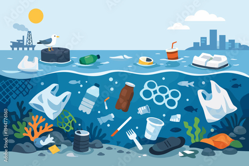 Flat Vector Illustration of Ocean Plastic Pollution Featuring Garbage Bags, Bottles, and Waste Floating Underwater and on the Surface Near a City and Oil Rig, Highlighting Environmental Damage.