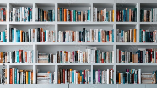 Colorful books on white shelves in a neatly organized library collection
