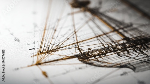 Detailed sketch of historic ship design with rigging and nautical elements
